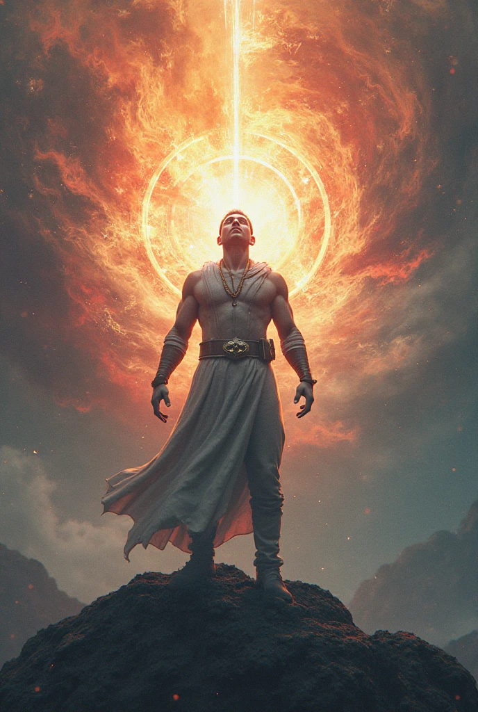 (radagon),dorado,Create a highly detailed and atmospheric digital painting of a cosmic dark entity meditating in a lotus position on the surface of a barren planet. The entity has a shadowy, featureless face and a muscular humanoid body covered in dark organic tendrils that appear to flow and twist around it.. A bright red crystal is embedded in his chest, pulsating with dark energy. Above the head of the entity, A spinning purple and black cosmic vortex with a glowing mystical orb at its center radiates power, Shedding an ethereal light. The background features a vast star-filled galaxy with purple nebulas and distant cosmic phenomena., creating a sense of infinite space and power. The lighting is dark and sinister, and the main sources of light are the glowing red crystal and the mystical orb. The overall color palette is dominated by deep purples., black and touches of red, evoking a sense of cosmic mystery and power.