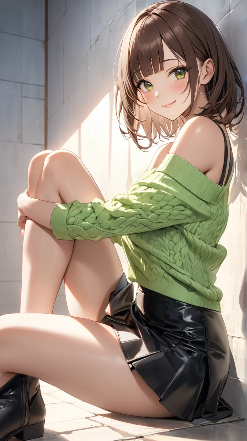 4K resolution,((Highest quality)), Ultra-high resolution,Adult women, alone, sexy, (A teasing smile), (Brown eyes), Beautiful and symmetrical face, (Brown cut medium hair),A loose long-hemmed sweater,stockings,sneakers,Realistic:1.4,Realistic:1.3,(masterpiece:1.2),Perfect Eyes,Perfect Eyes,Ample breasts,Beautiful thick legs,Perfect Fingers,Dark room,Spread your legs,Fellatio gestures,Perfect Legs
