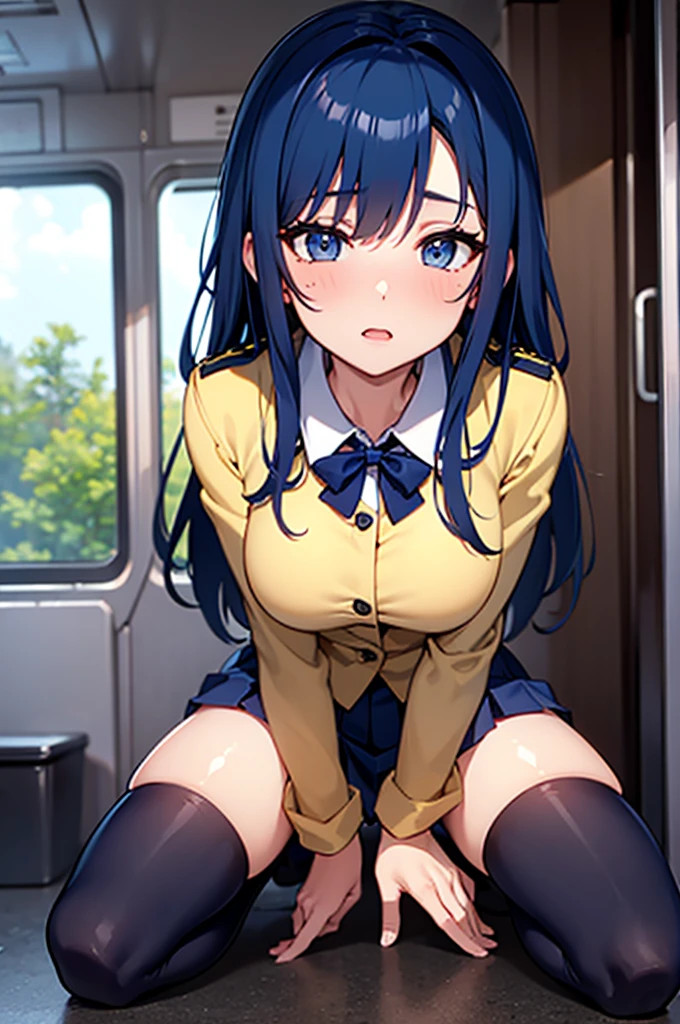 NSFW,One girl,hoshimachi suisei,blue eyes,Blue Hair,choker,Hair between the eyes,Medium Hair,Side Ponytail,スターchoker,Small breasts,Jacket,Off-the-shoulder shirt,cropped,Micro Mini Skirt,Thigh straps,Are standing,train,(Perfect hands),(Perfect Anatomy),(masterpiece),(highest quality),Embarrassed,blush,Disgust,One man,背後にAre standing男性,Having sex,I feel pleasure,(Being molested:1.5)