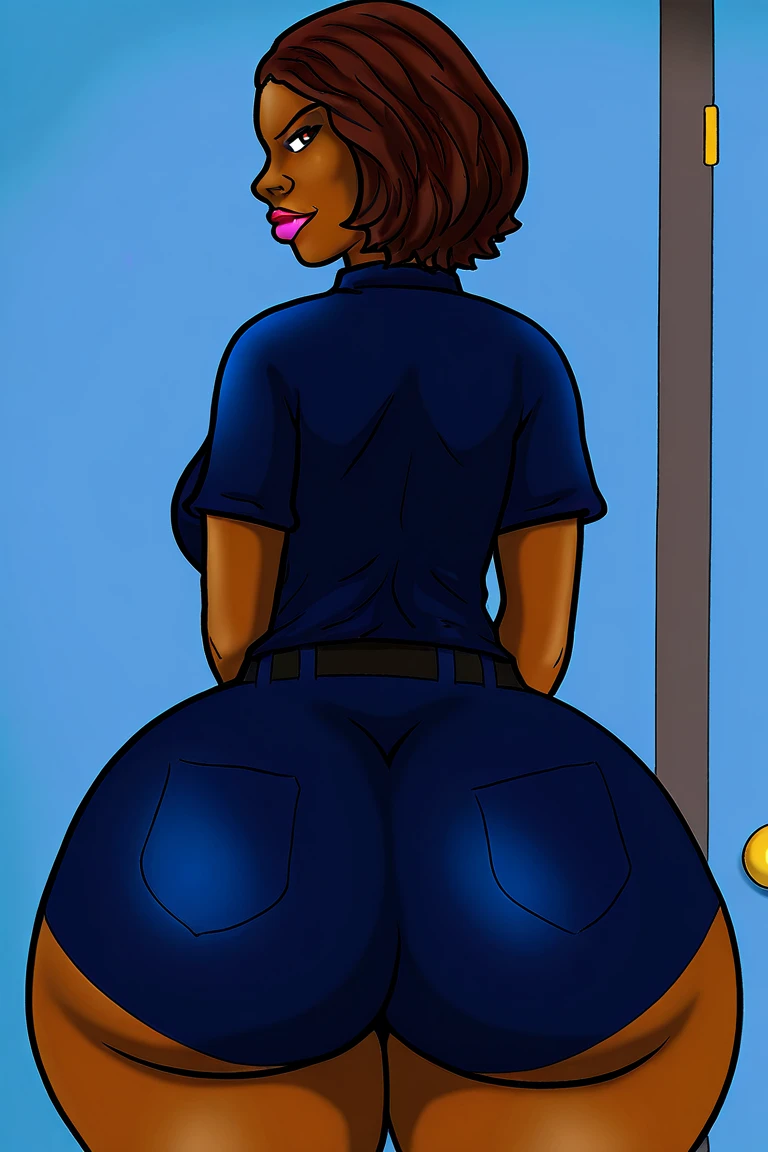 ((ultra quality)), ((masterpiece)), Lois Lane, ((black short hair tomboy hairstyle)), (Beautiful face), (beautiful female lips), (), charming, ((sexy facial expression)), (Dark skin color), (dark skin), glare on the body, ((detailed beautiful female eyes)), ((dark brown eyes)), (juicy female lips), (dark eyeliner), (beautiful female hands), ((ideal female figure)), ideal female body, beautiful waist, gorgeous thighs, beautiful medium breasts, ((subtle and beautiful)), sexy worth (), (White shirt, Black jeans) background: office, ((depth of field)), ((high quality clear image)), (clear details), ((high detail)), realistically, professional photo session, sitting, looking back at viewer, (ass support:1.3)
