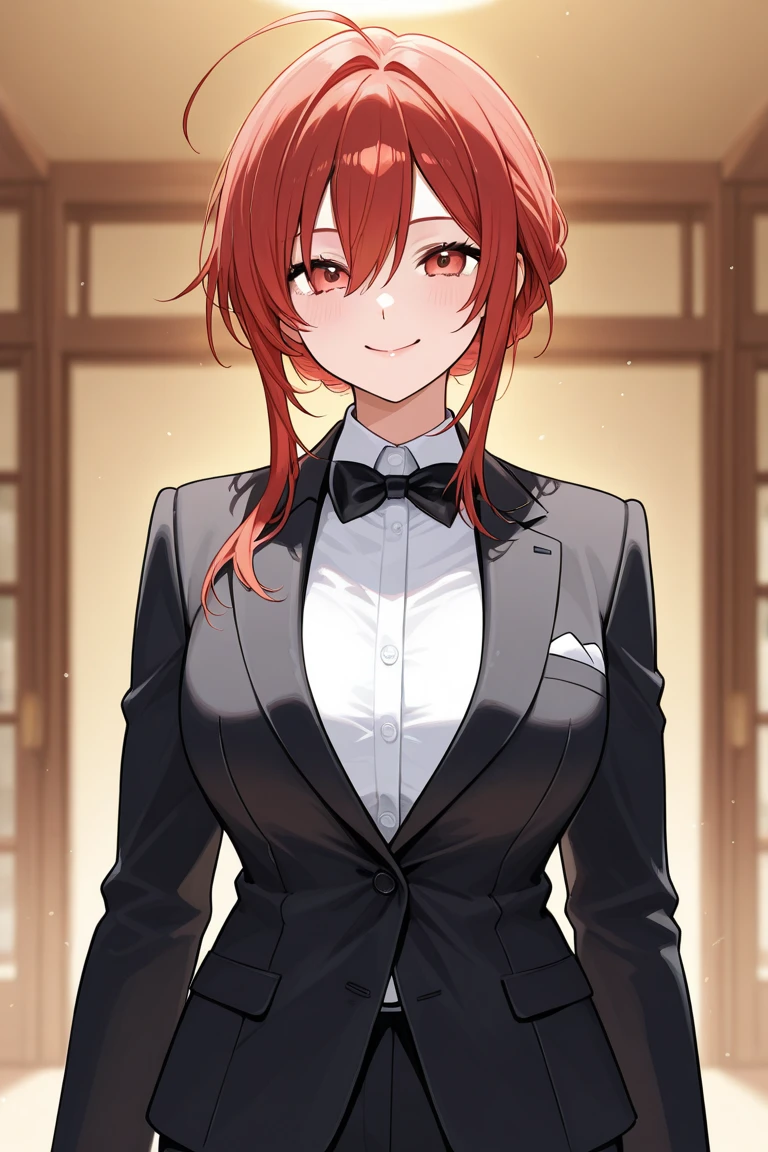 Best quality, masterpiece, A young red-haired curvy girl in a strict suit smiles slyly and puts her hands on her hips looking at the camera