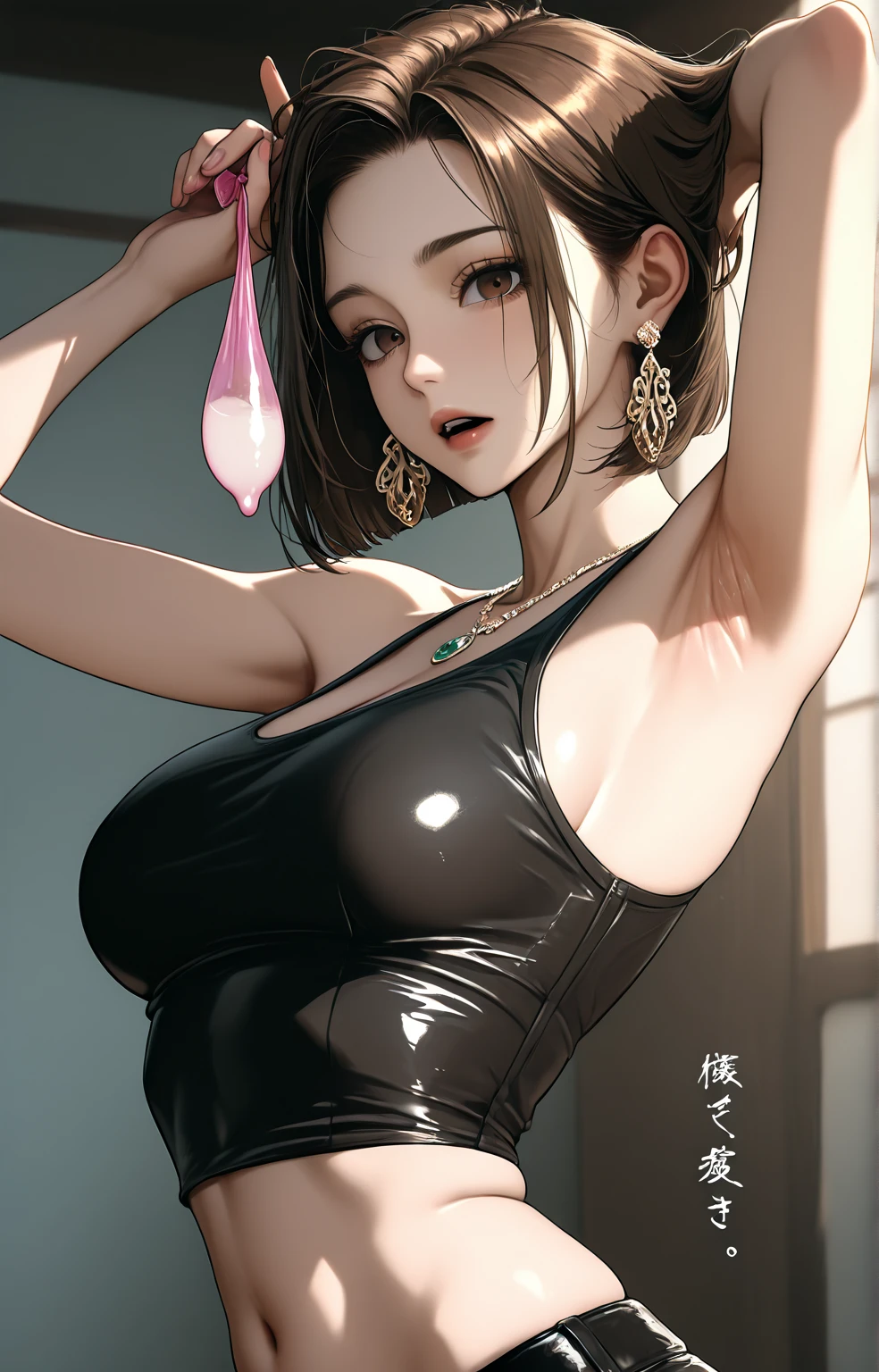 score_9, score_8_up, score_7_up, score_6_up, score_5_up, score_4_up, portrait, 1girl, sagging breasts, armpits, jewelry, black hair, yellow eyes, earrings, long hair, hairclip, sweat, large breasts, sideboob, blush, arms up, upper body, parted lips, cleavage, covered nipples, turning, ponytail, long gloves, black dress, areola slip,