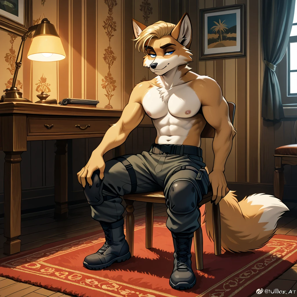 masterpiece, best quality, nj5furry,furry male, 1boy, furry, male focus, solo,animal ears, formal, wolf ears,wolf boy, smile ,
white fur, yellow fur, brown fur, two-tone fur,black eyes, naked body, thick eyebrows, tail, scar on eye,yellow ears,
((full body,)),
by chunie