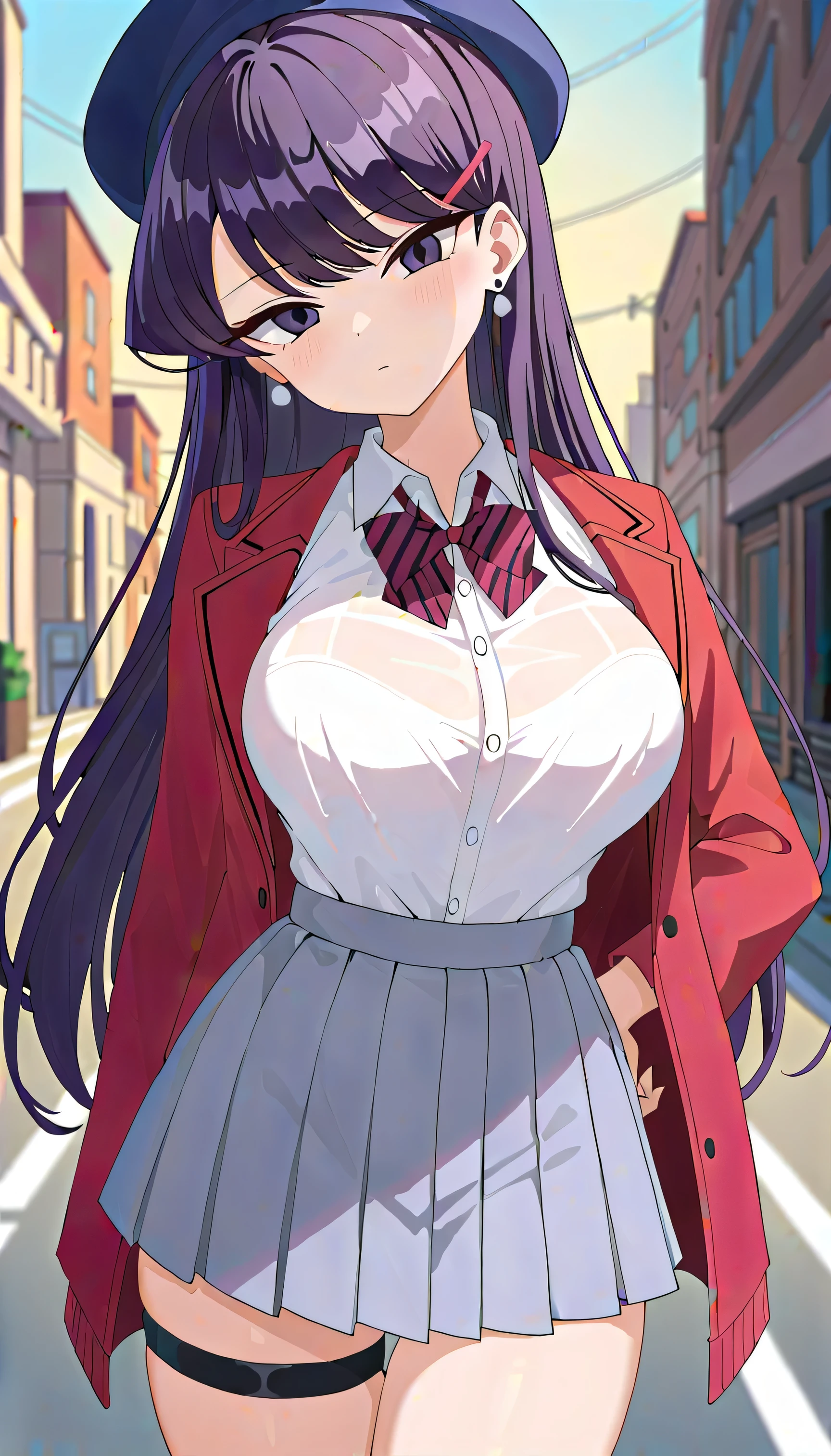 (Generate anime-style full-color CG images。:1.5), 
BREAK, 
(1 girl,cute,gal:1.5), 
可愛くておしゃれなgalスタイルの1 girlのシーンを生成してください。Her personality and fashion sense stand out、Please generate images that give you a cute and stylish atmosphere.。 
BREAK, 
(black hair,long hair:1.5), 
黒色のlong hairを持つ女性のシーンを生成してください。
The flow and shine of the hair is beautifully expressed.、Generate unique and impressive images。 BREAK, 
(small hips,Big eyes,big breasts,purple eyes,thin waist:1.5), 
BREAK, 
(navy blue sleeveless t-shirt,red plaid skirt:1.5), 
navy blue sleeveless t-shirtにred plaid skirtを着用した女性のシーンを生成してください。Her stylish fashion sense and charm are revealed.、Generate images with a refreshing and unique atmosphere。
BREAK,
(Bustling city streets,noon:1.5),
noon間のBustling city streetsのシーンを生成してください。A lively atmosphere spreads、Buildings and people々Please generate an image that colors the city.。
BREAK,
(see viewer,above the thigh,shot from below,smile,Are standing,Vivid movement,dynamic pose:1.5),
above the thighから、shot from belowされたシーン。鑑賞者はsmileながら立っており、Vivid movementとdynamic poseを披露しています。
BREAK, 
(perfect face,完璧なhand,完璧なfoot,perfect fingers,detailed facial features,Detailed garment features:1.5),
perfect face,hand,foot,Please describe the scene where you hold your fingers.。Each part is beautifully arranged down to the smallest detail.,Make sure you feel perfect symmetry and harmony。at the same time,detailed facial featuresと衣服の特徴も加え、Highlight your individuality and uniqueness。
Crisp and razor-sharp details(super clear details:1.5)and amazing color depth(color depth:1.25)is required。 Must imitate the unparalleled sharpness and color vibrancy of photos taken with ultra-high-end cameras such as MS and Fujifilm XT3,
