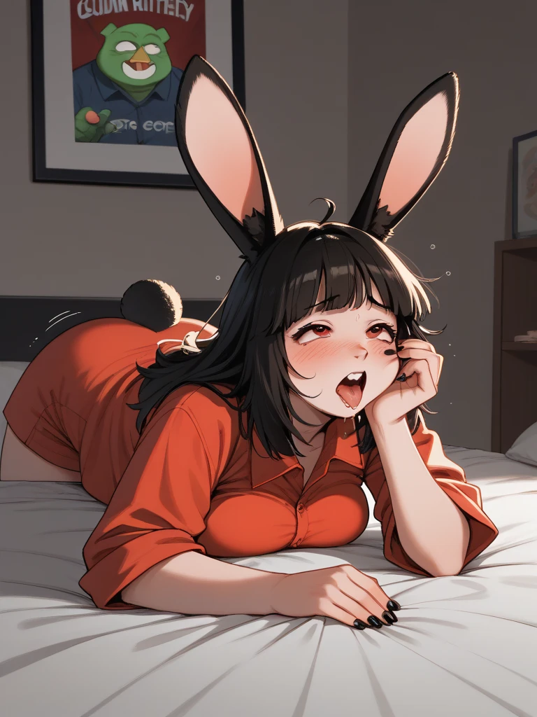 nsfw,1girl,Solo,Bunny ears headband,black hair,bangs,straight hair,big breast,breast OUT,red eyes,sideRocks,nsfw,shoulder,Thighs,Legs,(straight-on),cowboyshot,masterpiece,masterpiece,best quality,(topless),(Shiny skin:1),masterpiece,best quality,very aesthetic,absurdres,Seduction,(Fishnetmeshsuittights:1),medium shot,(hair over breasts)