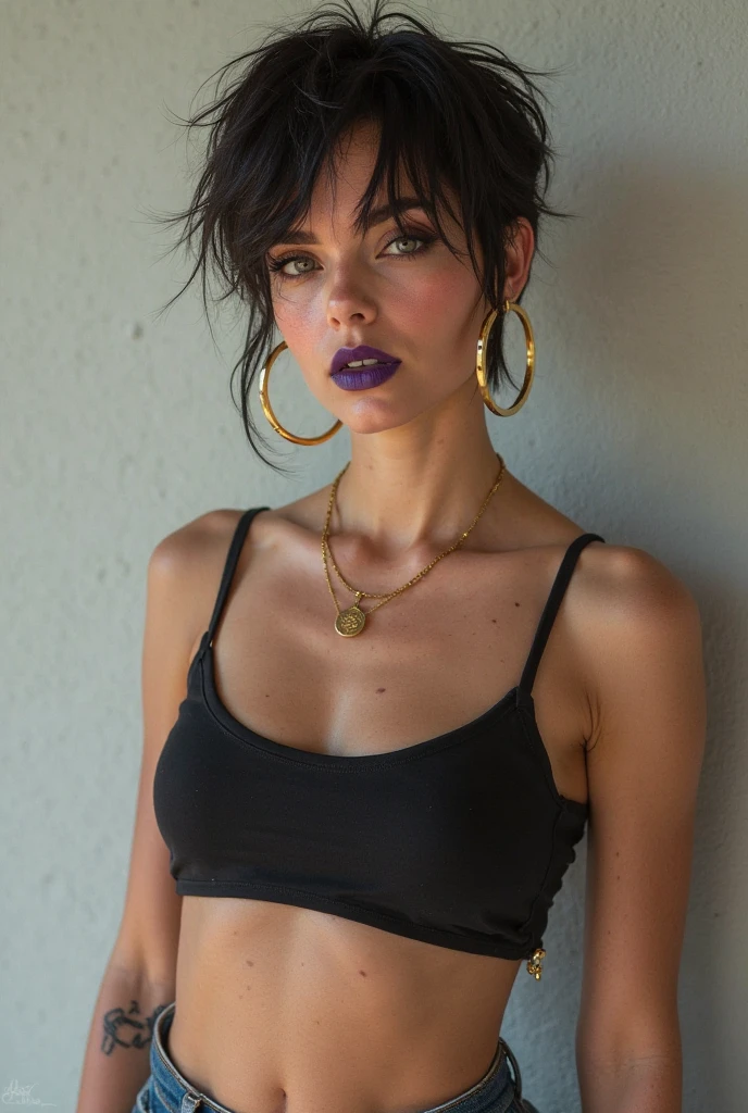 Photo of a 15-year-old European girl, RAW, beautiful woman, pecas en mejillas y nariz ,hermosos  ojos azules(Light brown hair pixie haircut),corte de cabello pixie ((retrato)), ((Cara detallada:1.2)), ((Detailed facial features)), (Piel finamente detallada) ,lindo maquillaje, Purple eyeshadows on eyelids (cool color), (Masutepiece) (proporciones perfectaotos realistas)(La mejor calidad), NffSW, (8k) (papel tapiz) (cinematic lighting) (Dramatic lighting) (sharp focus) (Enrevesado) , fondo variado , linda sonrisa, cuerpo completo, hermoso cuerpo ,  gargantilla negra , aretes en forma de clip, wears a purple t-shirt with a skull image, white belt, lilac skirt with checkered images, long boots with heel , foto de cuerpo completo , hermosa sonrisa 