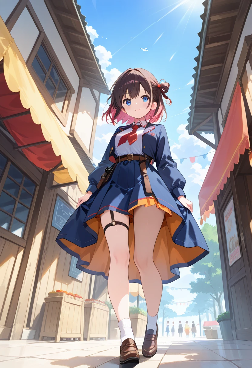 spread legs with squatting pose、M-shaped legs、Spread your legs、Sit on the ground、I'm looking away、In town、bustling street、cap、Panties with horizontal stripes、Shoulder bag、mini skirt、Private Server、Girl、Girl、Younger、Baby Face、flat chest、Dynamic Angle、smile、Both eyes open、Voyeur style、ground