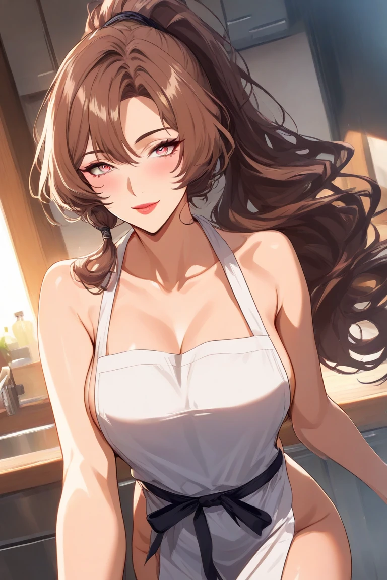 ((Highest quality))、((masterpiece))、(detailed)、((Anatomically correct))、One Woman、aldult、(look at me)、cowboy shot、(Ultra-glossy skin with attention to detail:1.1)、Glowing Skin、bangs、Half-up hairstyle、Shiny brown hair、(Beautiful Eyes:1.3)、Slim figure、(Naked Apron)、titedium breasts、kitchen