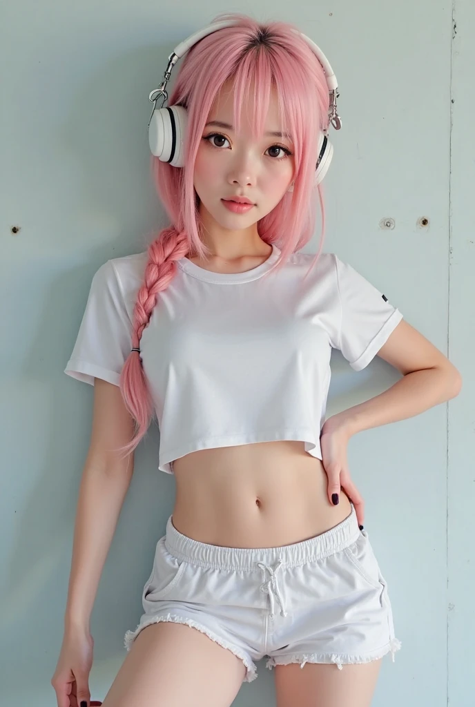 ,((Pink Hair))、((Pink Hair))、((Twin tails))、((Small fox ears))、((Highest quality、8k、masterpiece))、((Landmine Girl))Highest quality、(masterpiece:1.3), (8k, Realistic, RAW Photos, Highest quality:1.2), (alone), (single), (cute:1.3), (very beautiful japanese), cute smile, Red cheeks, (Detailed skin: 1.2), Realistic anime girl rendering, Realistic anime 3D style,((belly button))、 Beautiful brown hair, ((cute hairstyle)), (Accurate and natural big tits), Perfect Anatomy, Blunt bangs, (cute navel)), ((Bloomers)),, (((Tight Short White T-Shirt, Dark blue short tight shorts))), Accurate weapons, Five Fingers, Accurate legs, , showing off Bloomers, Small area sportswear, Volumetric lighting, Soft Light, bright, neon, bright colors, No makeup, True Face, Natural Makeup