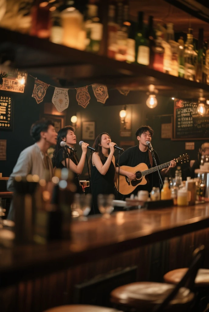 3D illustration by Yoshitaka Amano on the stage of a stylish bar、A group of Russian girls in their early 20s having a fun jazz session.