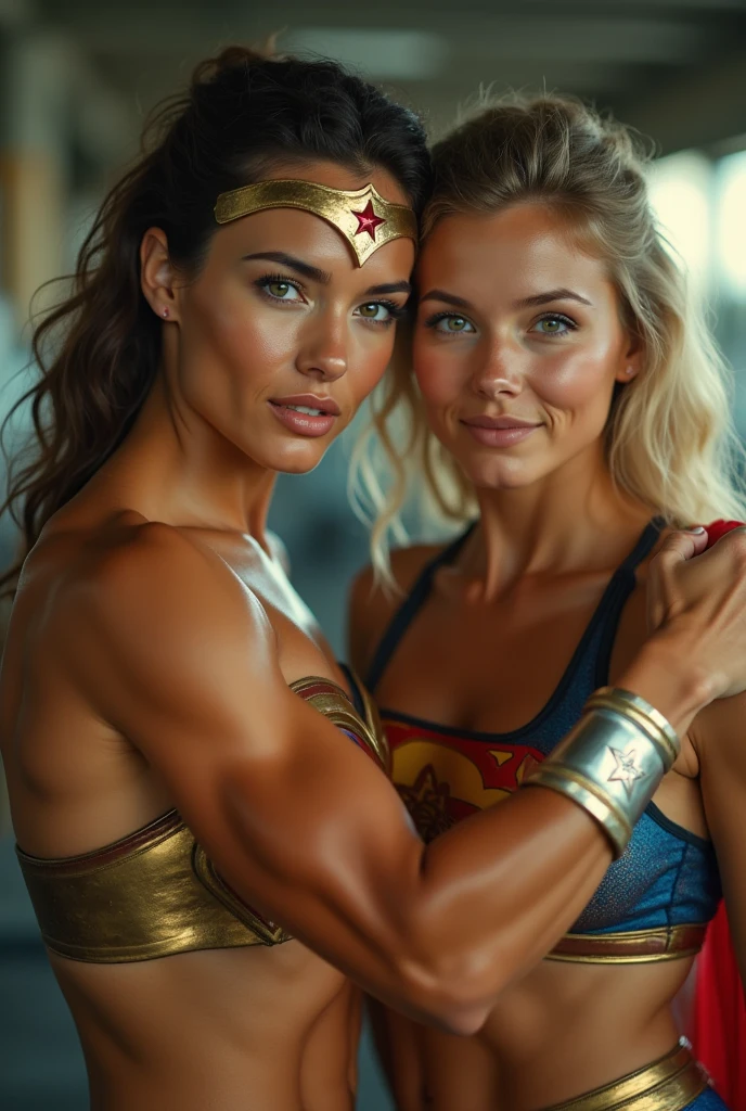 young beautiful Thai woman, blond hair, bodybuilder physique, as Wonderwoman doing pushups on the beach, masterpiece, best quality, ultra-detailed, cheerful, happy, (look at viewer:1.2) (skin texture), cinematic, Key light, backlight, natural lighting, photography 400 ISO film grain 30mm lens RAW aperture f1.8, art photographer, movie still poster from Lord of the Rings, medium intricate print, choker