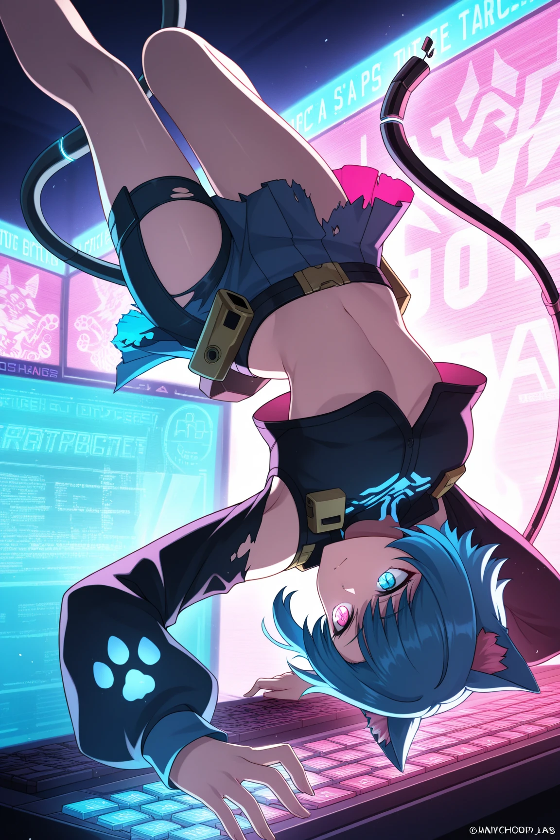 (masterpiece), best quality, expressive eyes, perfect face, a punk girl with a mini skirt, a punk-style crop top, with piercings in her ears and nose and lips. with a black necklace whit a heart, and fishnet stockings. Full body, punk boots, with two ponytails, one blue and one pink, Can SEE her transparent underwear. Nice . Punk accesories.