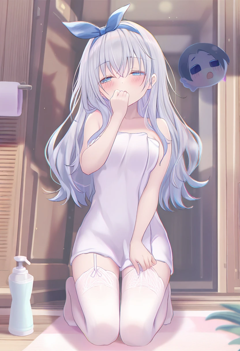 ph elaina, Eoutfit6, elaina (majo no tabitabi), solo, long hair, ahoge, hair between eyes, collarbone, blue eyes, bangs, white hair, sleeveless, bare shoulders, shiny hair, camisole, spaghetti strap, white shirt, sleeveless shirt, blush, very long hair, sidelocks, sleeveless dress, (breasts out:1.3), (nipples:1.2), (double peace:1.3), (embarrassed:1.4),(spread legs:1.3), (pussy line:1.3), (excessive cum:1.3), , (cum in pussy:1.3), (pussy cum:1.3), excessive cum, vomcum, (creampie:1.3),