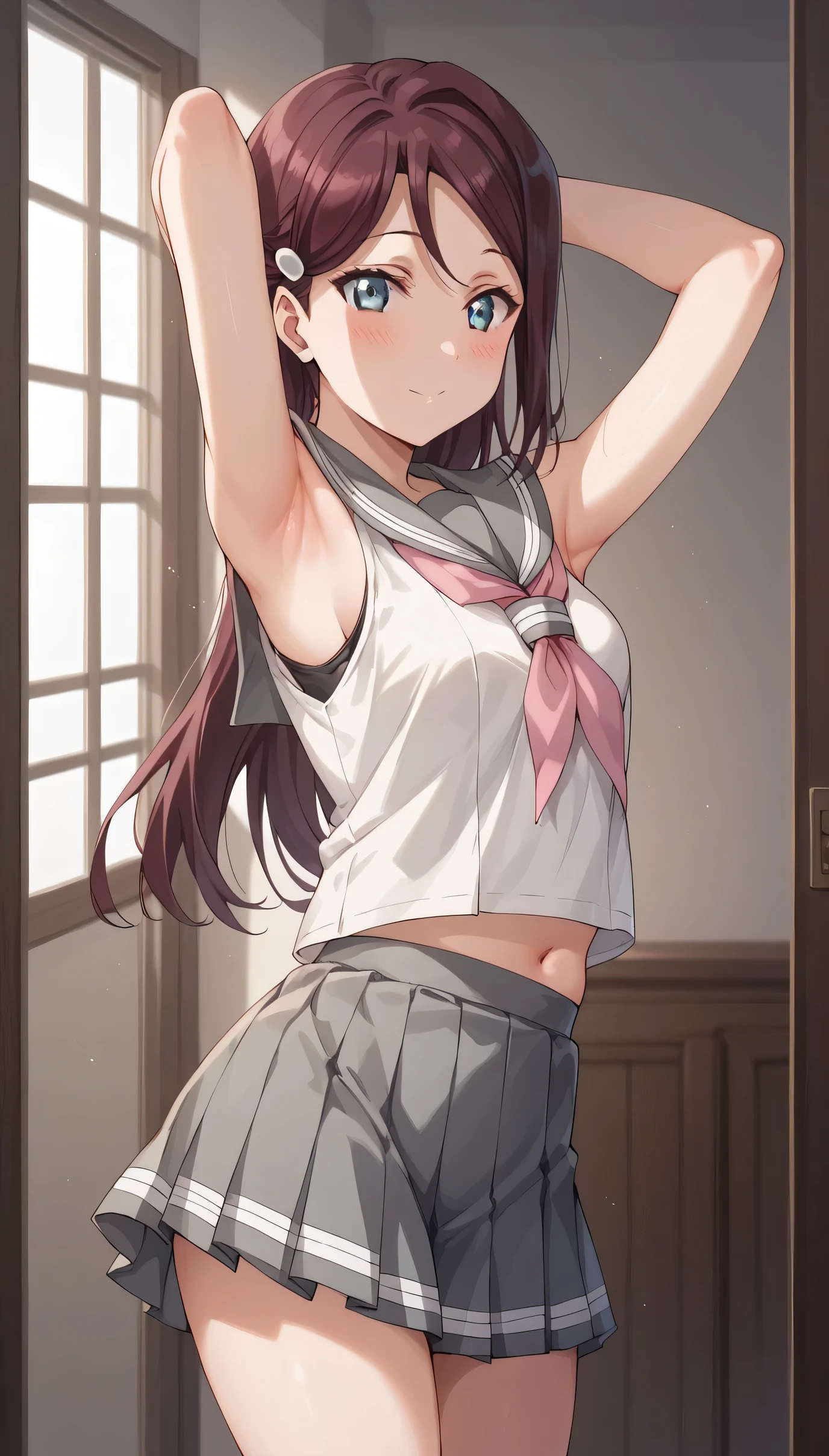 An image of Riko Sakurauchi, wearing a Sailor fuko and short gray foldable skirt, in a room , armpits , ingre, standing in a corridor , closed legs, blushed
