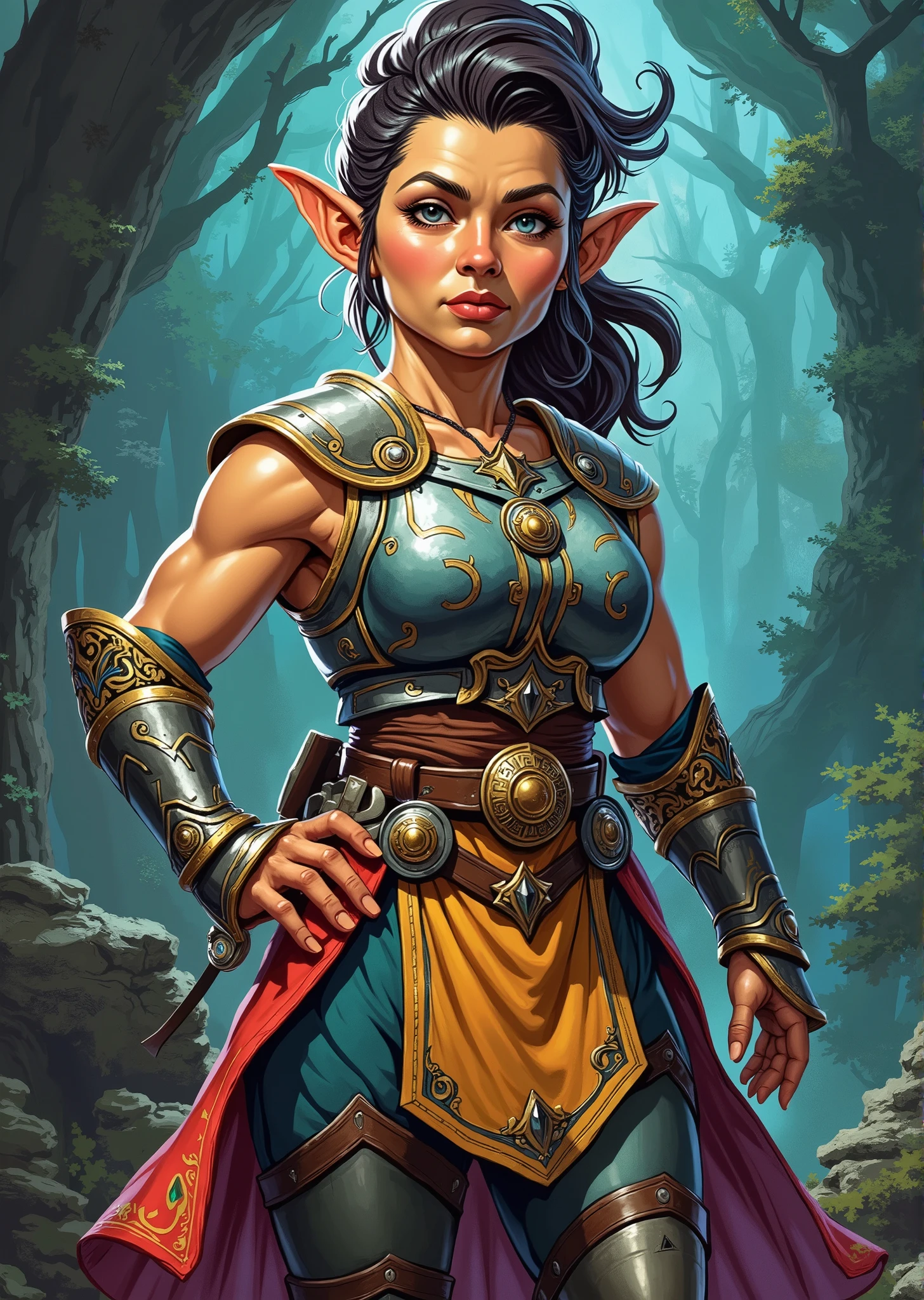 An extremely detailed comic book illustration of a stunningly beautiful extremely curvaceous Gnome from Dungeons and Dragons petite magical folk with big eyes and pointed ears created by gods of invention and illusion seldom seen by other folk due to the gnomes' secretive nature and their propensity for living in forests and burrows making up for their small size with the cleverness trained as a Dungeons and Dragons Monk following the Way of the Four Elements taught to use rigorous combat training and mental discipline to align themselves with the natural balance of the multiverse and focus their internal reservoirs of power before channeling it into a striking display of martial prowess creating extraordinary even supernatural effects masters of the four elements of wind water fire earth wearing a sleeveless armored top that highlights her muscular physique and allows for freedom of movement crafted from a combination of metal and leather featuring intricate designs and embellishments that reflect her magical prowess with a bold and ornate chest piece with engraved patterns that may symbolize her magical connection whose design includes raised edges that provide both protection and an aesthetic appeal shimmering with hints of color a flowing sash wraps around her waist cascading down in layers in a vibrant color to contrast with her armor while her thighs are covered by greaves that are intricately designed offering robust protection while maintaining mobility adorned with decorative motifs that match the rest of her armor with ornate gauntlets that match her chest piece featuring engraved patterns that may enhance her magical abilities with her hair worn short on the sides and longer on top possibly tied back styled to flow freely adding to her bold persona in an art style inspired by Frank Miller and Conan the Barbarian. The Background is awash in dark moody textured brushstrokes of mystical shades. Standing in a dynamic action pose. Trending on Art Station.