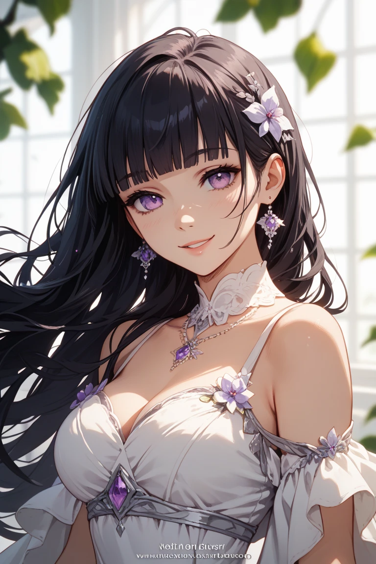 (High quality, High resolution, Fine details), Realistic, Noble Gardens, Natural light, purple and black gothic long dress, Lots of ruffles, Fine lace, solo, curvy women, sparkling eyes, (Detailed eyes:1.2), smile, blush, Sweat, Oily skin, shallow depth of field, Soft tones
