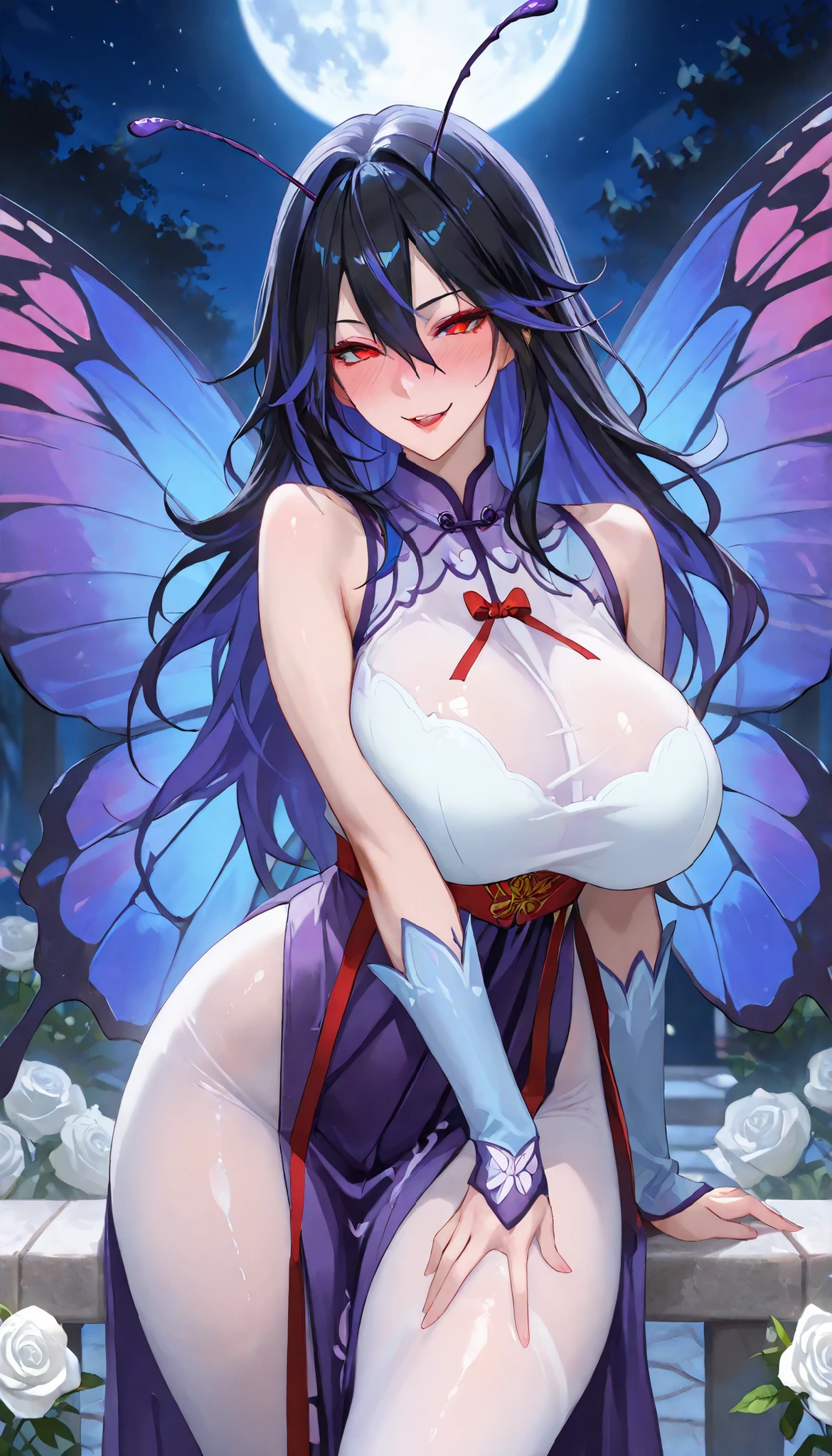 masterpiece, best quality, very aesthetic, absurdres, 1girl, mature_lady,nun_clothes,black_and_white_clothes, nun_headcovering crucifix, praying, interlocked fingers,closed_eyes,tears_in_eyes, head down,holy_light ,bathed in divine light,,kuroyukihime, accel_world, 1girl, antennae, black_hair, long_hair, very_long_hair, red_eyes, butterfly_wings, insect_wings, wings, hair_ornament,,rose,dark_background,  flower, ice_flower, icicle,,floating_clothes,covered_nipples, (areola_slip:0.8)