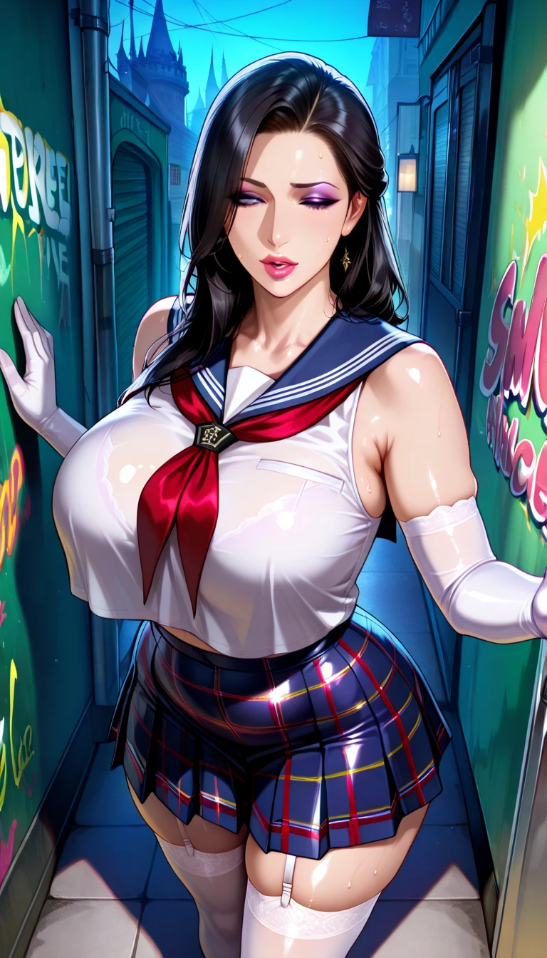 A beautiful woman with school uniform, insatiable desire, seifuku, belly free, smooth legs, short miniskirt, long knee socks, adriana lima, painted by artgerm and tom bagshaw, fantasy art, dramatic lighting, highly detailed oil painting, volumetric lighting