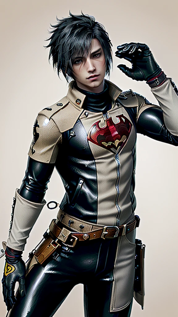 ,((jason todd)),((young cute and cool ikemen  boy)), ((face is no paint and no mask)),((Only part of the bangs are white mesh)),his age is early 20s, thin eyebrows and beady eyes, ((he wearing orange beige color leather jacket)),((leather jacket is single-brest)),((leather jacket is long sleeve)),((also wearing black thick material turtleneck lackluster shirts)),((chest area on red color bat illustration)), ((tight dark gray color leather pants)),((put black color protection leather glove on both hands)),((black color middle length leather boots)),((Japanese style character))