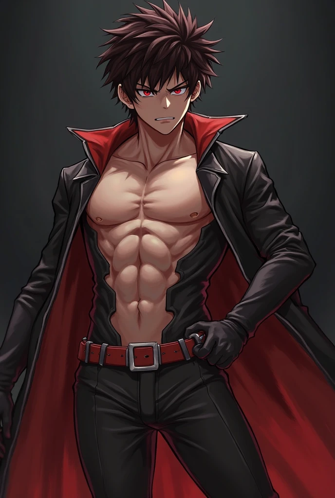 (anime style art,)extremely masculine muscular character,muscular,bodybuilder, huge bulge, sexy, smirk, erotic, 8 pack abs, 1boy,adult,solo, masterpiece, best quality,4k, Main, rainbow,, hair, cape,bare chest, suit pin?,  fashion, catwalk, superhero, giant, torn clothes, fire, thunder, meteor, aura