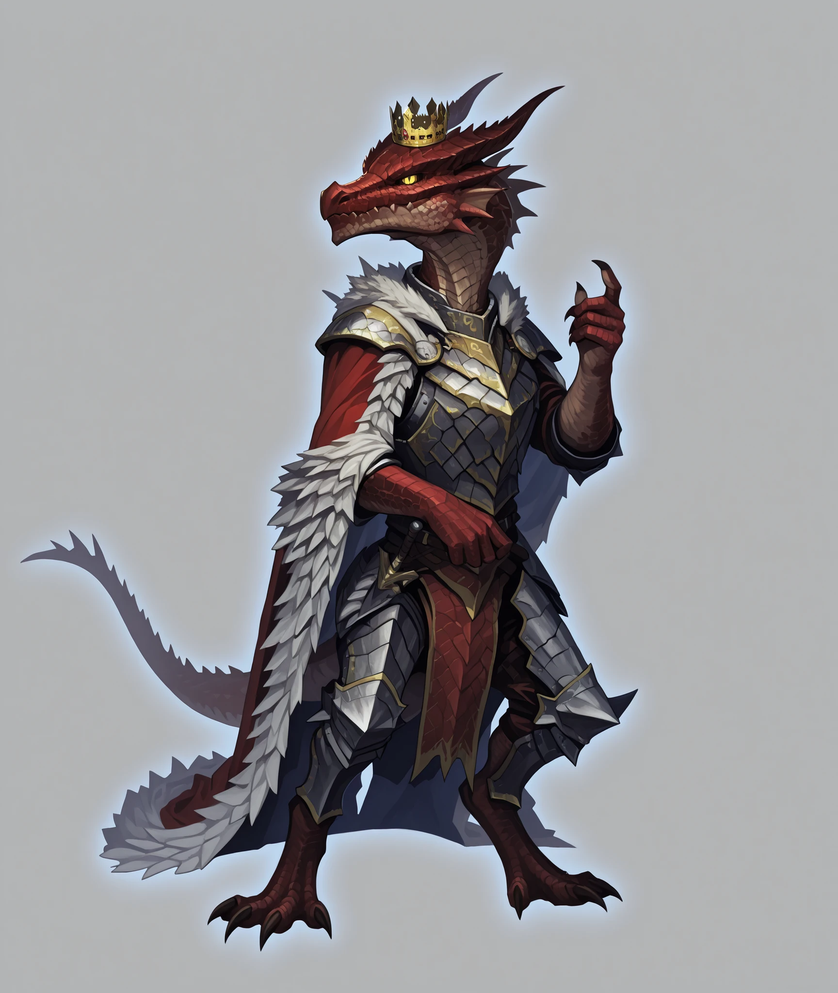 kobold, noble, scaled, reptilian, yellow eyes, steel armor, king's cape, fatalis, wearing a crown, red scales