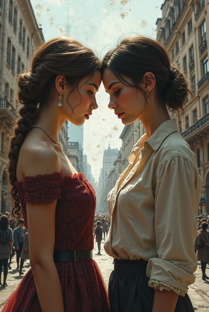 A beautiful woman with her sister much like her in her arms and a few people passing in the background