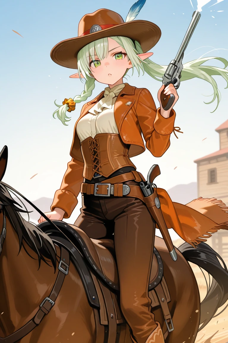Perfect face, perfect hands. A light green haired female cowgirl with pink eyes and an hourglass figure in a conservative cowgirl outfit is riding a horse out of a wild west town with a big smile