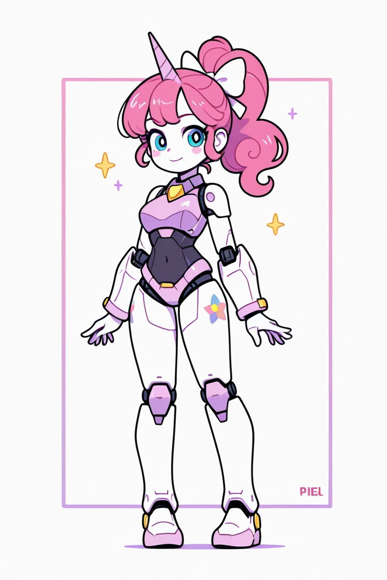 A short girl, with a robust and compact appearance.
but with a strong and well-defined body. Her arms and legs are muscular.
Her face is rounded, with full cheeks that give her a slightly childish but also expressive appearance.
She has large, round, deep pink eyes. Her eyebrows are thick and dark.
Her nose is small and round, and her lips are thin, usually curved in a determined or annoyed expression.
She has a small beauty mark (mole) near her right eye.
very curly, light pink hair, which is her most prominent feature.
Her hair is tied up in two voluminous pigtails that sit on the sides of her head. These curls are large and tight, spreading outward like two pompoms.
Her bangs are thick and curly, falling just above her eyebrows.
Dressed in transparent erotic Lingerie and with Robotic elements
(((character sheet))) ((various views)) ((front and back) (Face detail) (full body)
