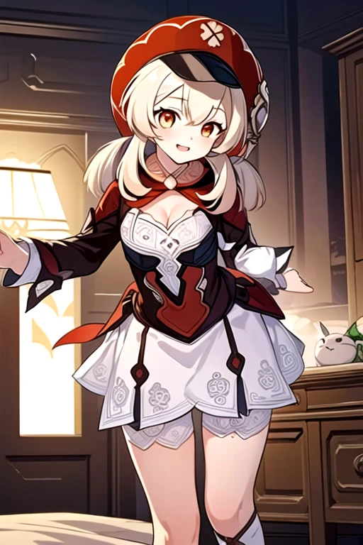 1girl, klee \(genshin impact\), mature female, cleavage, twintails,
bedroom,, best quality, masterpiece, ultra detailed, illustration,