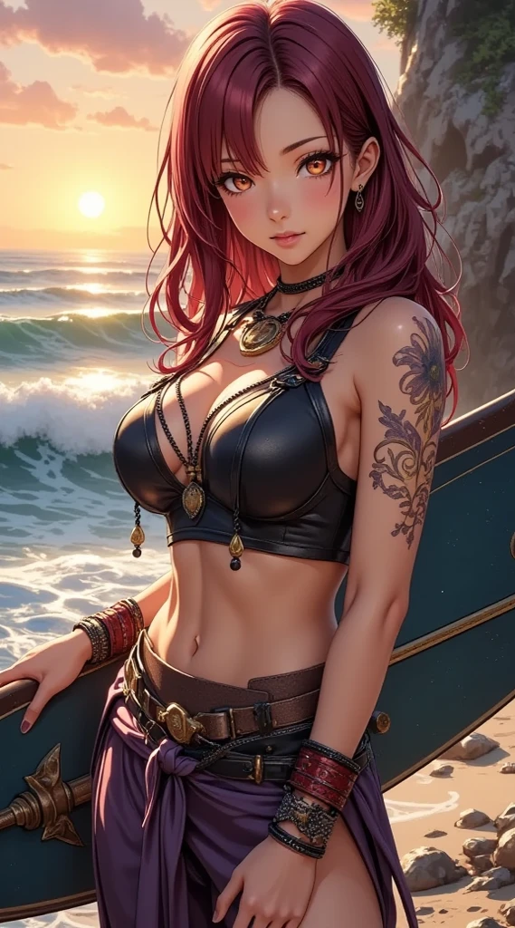 anime big breast, (((Portrait of the Tao))), A woman, (((A red hair))), (((Blue eyes))), (((female pirate)), 8K, illusory engine, rendering by octane, author:Kyun, gamang, Yoon Gon-Ji, G.ho, gosonjak, shuroop, Serious, domi, noah, trending on pixiv, fanbox, skeb, Masterpiece, smooth soft skin, Fantastic Big Eyes, beautiful intricate colored hair, Symmetrical, anime wide eyes, Soft lighting, concept-art, Digital painting, tropical island --auto