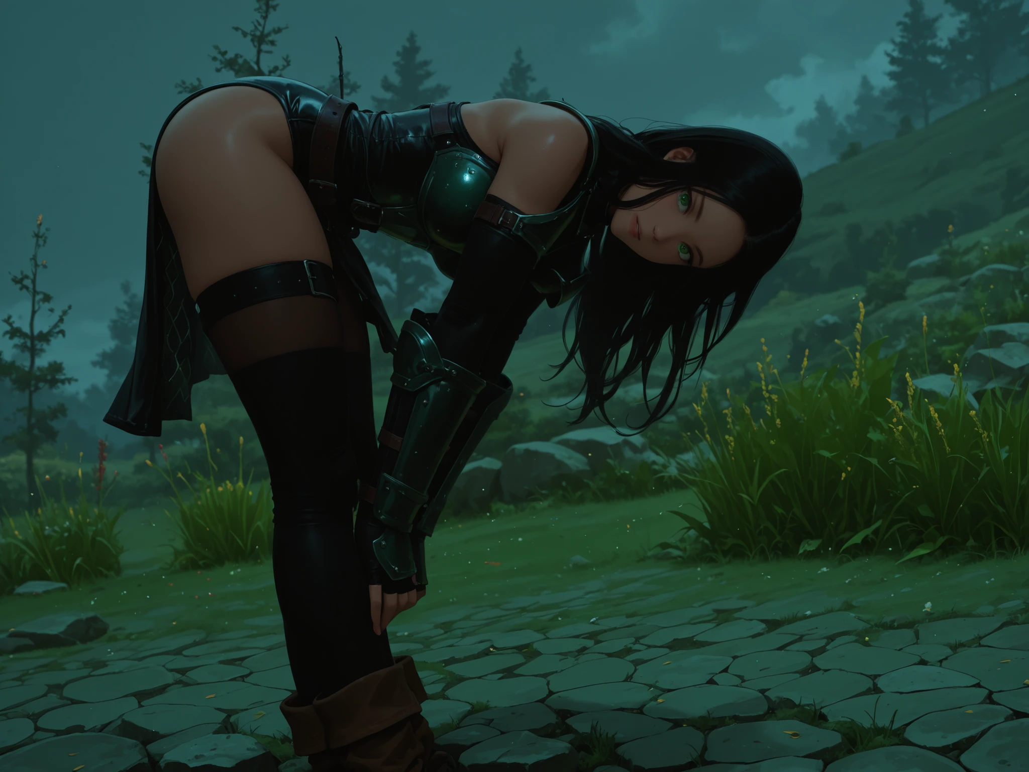 A young, sexy woman. Big butt. Turning away, exposing her butt. No panties. Pussy. A little shy. A landmine type of girl. Covering just enough so that her genitals are not visible. Crouching. No clothes. Sexy string.