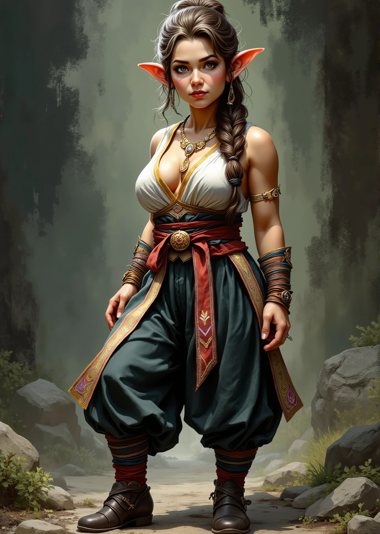 An extremely detailed comic book illustration of a stunningly beautiful extremely curvaceous Gnome from Dungeons and Dragons petite magical folk with big eyes and pointed ears created by gods of invention and illusion seldom seen by other folk due to the gnomes' secretive nature and their propensity for living in forests and burrows making up for their small size with the cleverness trained as a Dungeons and Dragons Monk following the Way of the Open Hand taught to use rigorous combat training and mental discipline to align themselves with the natural balance of the multiverse and focus their internal reservoirs of power before channeling it into a striking display of martial prowess creating extraordinary even supernatural effects wearing a fitted sleeveless sheer top featuring decorative patterns along the edges wearing a wide sash that cinches her outfit and enhances her silhouette the sash is colorful and is adorned with intricate designs adding a vibrant contrast to her attire with sheer trousers that are loose-fitting and comfortable made from a lightweight fabric in a darker shade than her top with a wide cut that allows for fluid movement adorned with decorative trim enhancing the overall aesthetic under leg wraps that extend from her knees down to her ankles creating a visually dynamic look in contrasting colors featuring patterns that mirror those on her top and sash while her forearms are wrapped in fabric providing both protection and style in colors that complement her outfit adding to her overall dynamic appearance wearing jewelry including earrings adding a touch of elegance and artistry to her fierce persona with her hair styled in a long braid that flows down her back adorned with decorative elements that add to her warrior aesthetic in an art style inspired by Frank Miller and Conan the Barbarian. The Background is awash in dark moody textured brushstrokes of natural shades. Standing in a dynamic action pose. Trending on Art Station.
