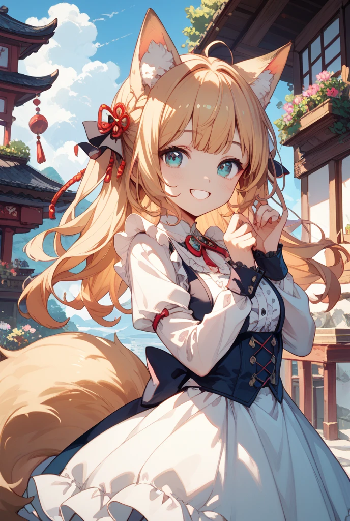 high quality,hd,16k,sharp line,1girl,fox girl ,cute face, large breasts ,nice legs,,focus girl,detailed beautiful face,detailed clothes,beautiful eyes,pretty,dynamic angle