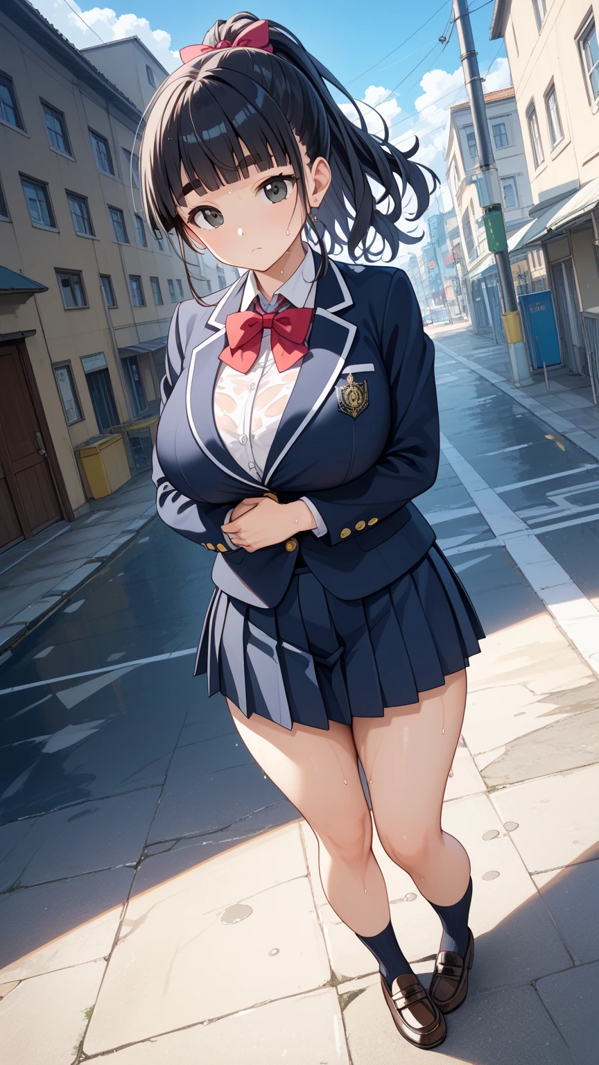 (Browsing Caution:1.5), ((Highest quality, masterpiece, 8K, High resolution, detailed)), ((A photo of a high school girl wearing see-through panties)), ((A high school girl standing with her legs open in black pantyhose)), Blazer uniform, The wind has blown her skirt up, exposing her underwear, 16 year old high school girl, Beautiful and distortion-free face, Young and sexy gravure idol, Young and cute gravure idol, Realistic young gravure idol, Young and thin gravure idol, realistic sensual gravure idol, Japanese Goddess, Sexy Girl,