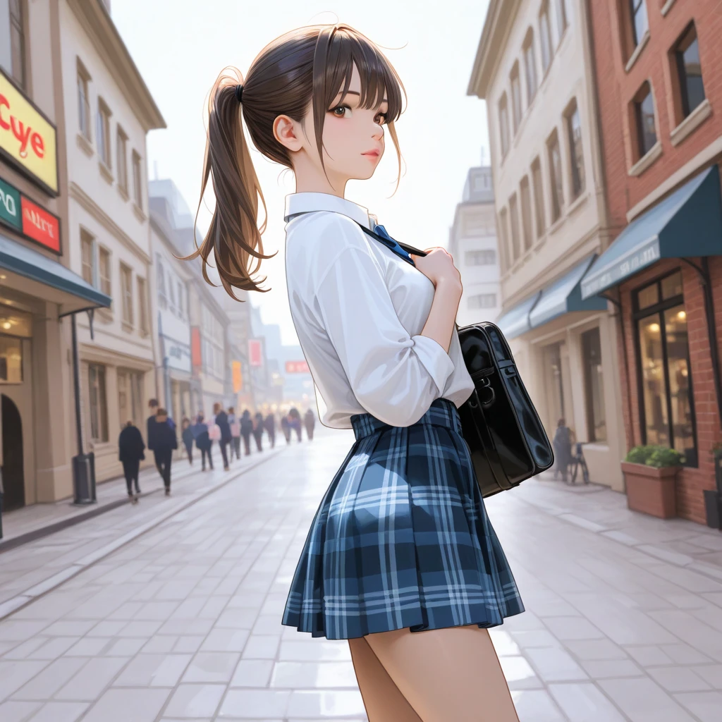 Goddess, student, short eyebrows, beautiful eyes, long eyelashes, chestnut mouth, lipstick, pale face, crazy, blackened, crazy smile, medium hair, brown hair, cross bangs, high ponytail, brooch, stud earrings, school clothes, pleated skirts, women's school shoes, Japanese platform socks, standing, boo gesture, walk, summer, dusk, sunset, phone booth, neon, high detail, 8k resolution, panorama --auto --s2
