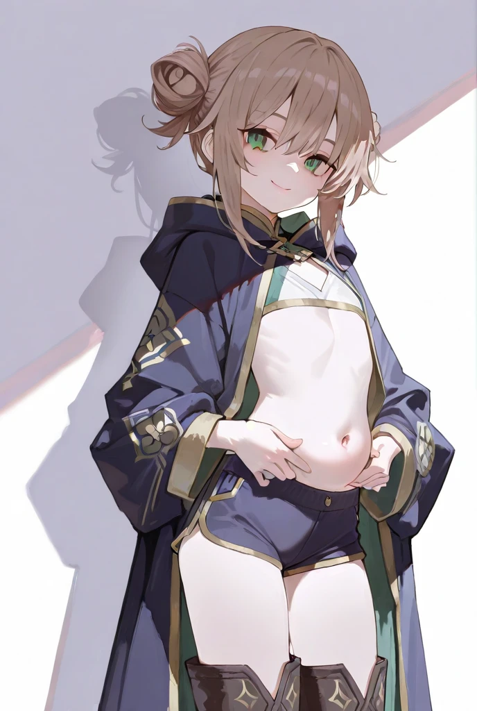 amicia michella - nijisanji, anime style, 1girl, brown short hair, yellow inner hair, wavy hair, green eyes, detailed eyes, crop top, midriff, girly face, blushed, seductive, wide hips, thick thighs, huge round ass, flat chested, (((full flat chest))), (((bulge))), full body, dynamic pose, office, absurdres, high res, ultrasharp, 8K, masterpiece, looking at viewer, CuteTraps