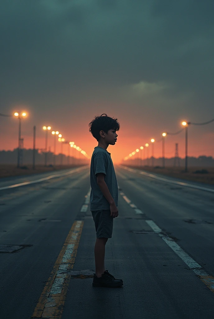 
A young boy stands on a paved road in the evening waiting for someone