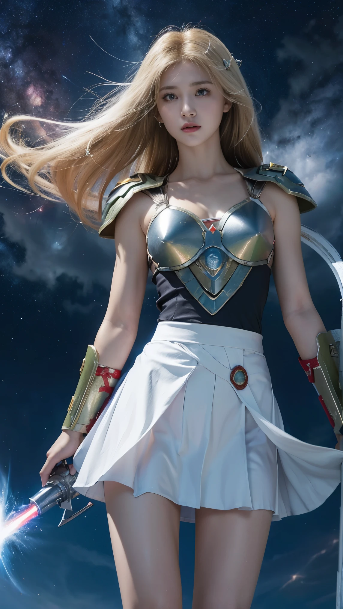 White combat uniform、miniskirt、God Dess of War 、staff、high resolution、Unknown Power、thunder、wind、Inflammation、logic、Planetary alignment、starry sky、Blue Light、laser beam、God's Weapons 、Diffuse reflection of light、 Cyber Valkyrie