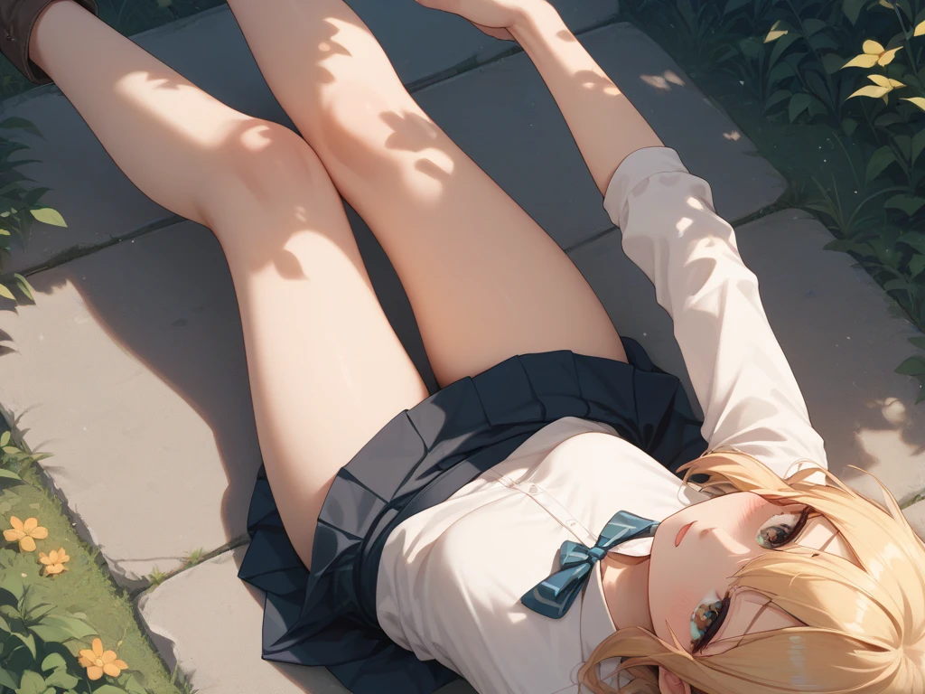 (blonde hair:1.4), blue eyes, low ponytail, (plump:1.2), 1girl, solo, wet, flower, lying, skirt, wet_clothes, see-through, on_back, looking_at_viewer, breasts, red_skirt, wet_shirt, shirt, outdoors, medium_breasts, water, blush, pleated_skirt, bare_legs, day, underwear, arms up, hands up, glow effects, godrays, Hand drawn, render, 8k, octane render, cinema 4d, blender, dark, atmospheric 4k ultra detailed, cinematic, Sharp focus, big depth of field, Masterpiece, colors, 3d octane render, 4k, concept art, trending on artstation, hyperrealistic, Vivid colors, extremely detailed CG unity 8k wallpaper, trending on CGSociety, Intricate, High Detail, dramatic"",,"