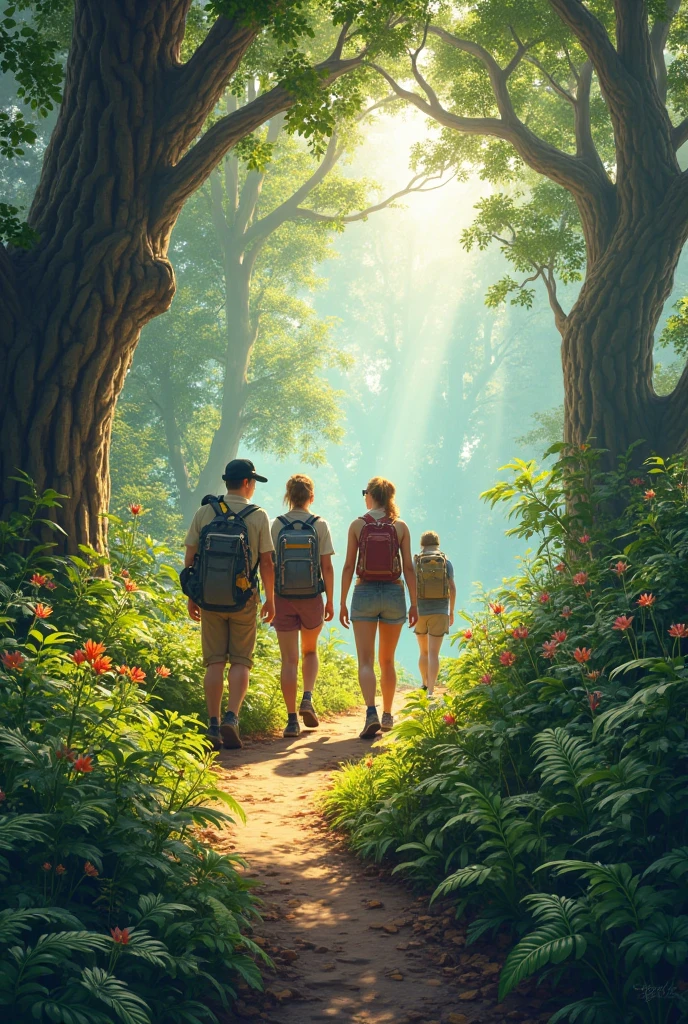 Image 2: Entering the Amazon Rainforest"Four friends trekking through a dense Amazon rainforest. They are surrounded by towering trees, thick vines, and exotic plants. A sense of adventure is in the air as they cautiously move deeper into the jungle, with rays of sunlight piercing through the canopy."