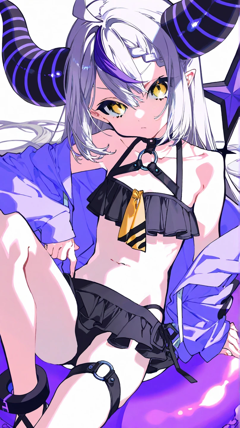 tmasterpiece, best qualtiy, ultra - detailed, 1girll,Gray hair Kokona, inside in room, Purple eye, :3,the face, closeup cleavage, in a bikini, at school