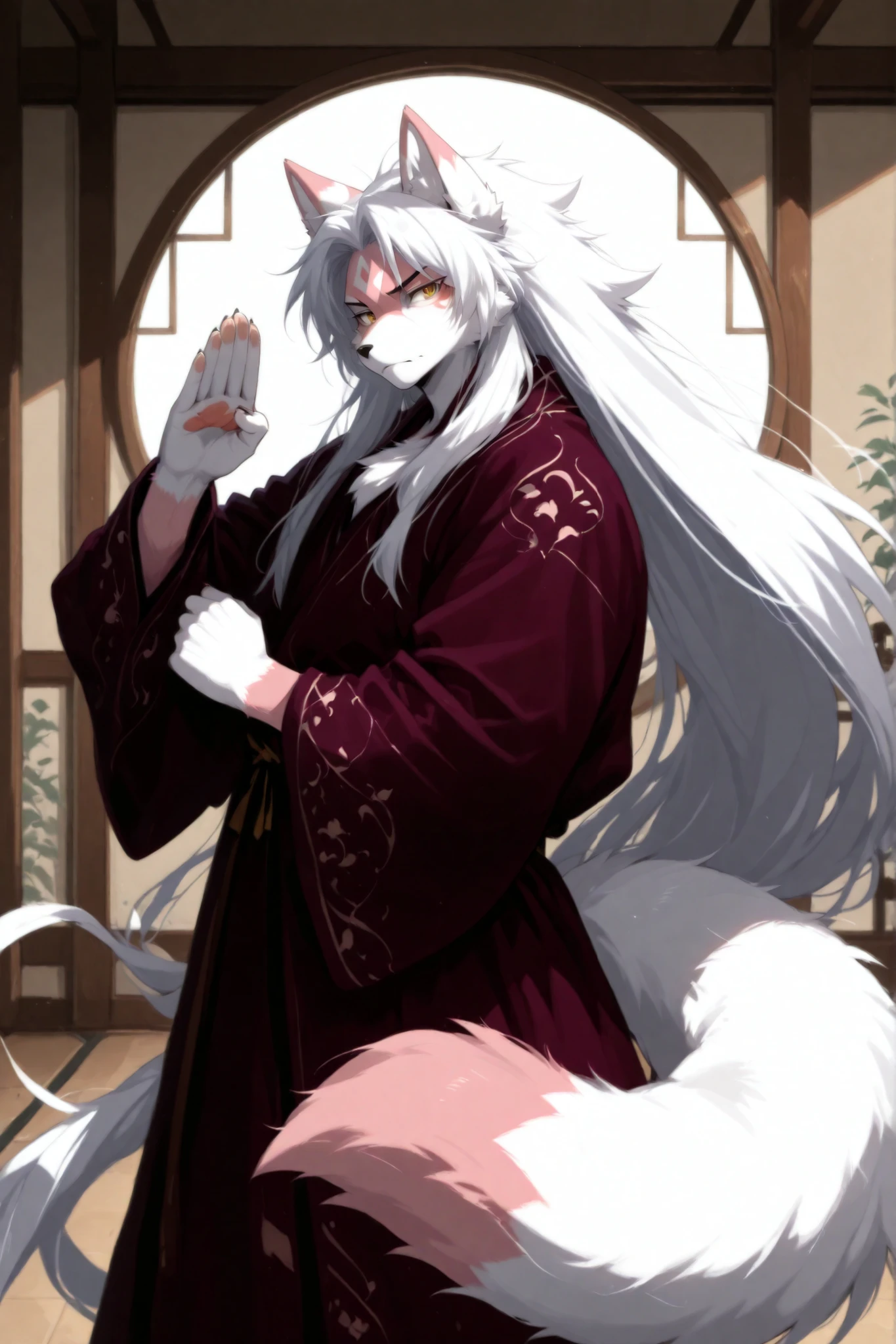 A beautiful kitsune male(white and pink fur, yellow eyes, very long hair, furry tail), furry art, style picture of a man , handsome anime pose, white haired deity, martial art, purple and orange long robe