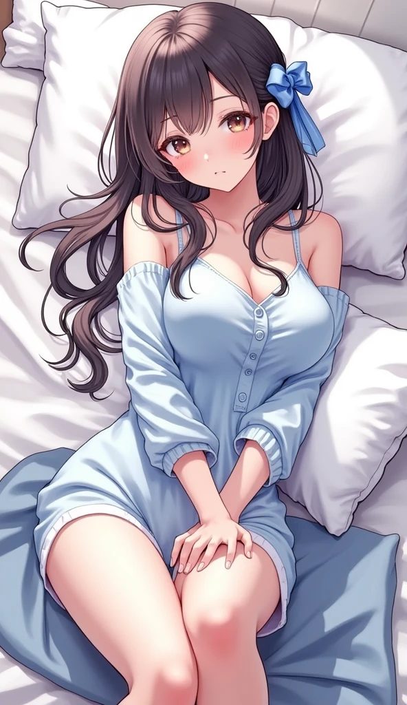 sax brook person, sax brook, (masterpiece:1.2), (highest quality:1.2), Perfect Eyes, Perfect Face, 1 girl, alone, Long and beautiful hair,Dark blue eyes, (Large Breasts), Firm breasts, red pj, Lying in bed, Attractive look, Place your hands behind your head, Side view