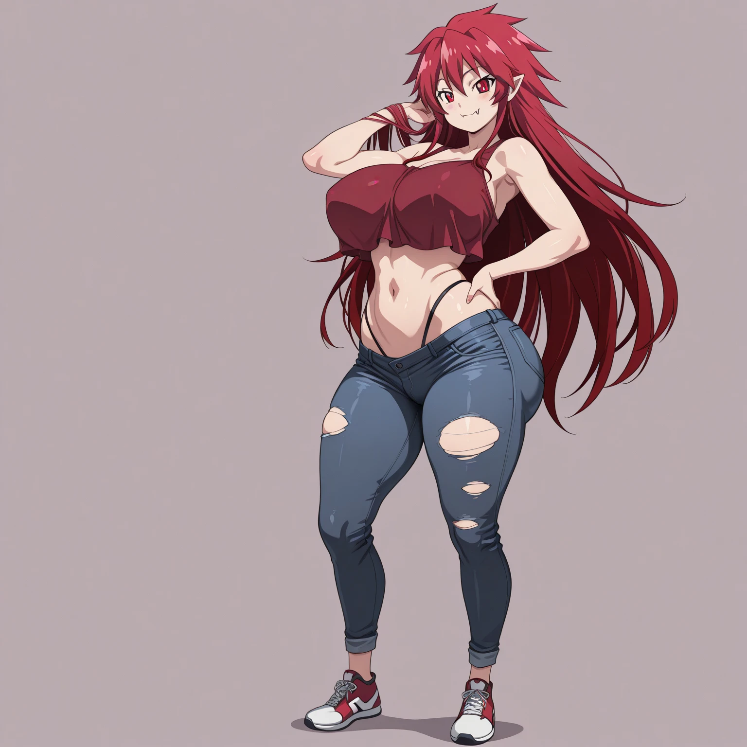 She is a girl. She is characterized by her intense, crazy red hair and her crimson red eyes.. has a slim build. Suele usar camisetas negras que muestran el ombligo, blue pants and black and red sneakers.