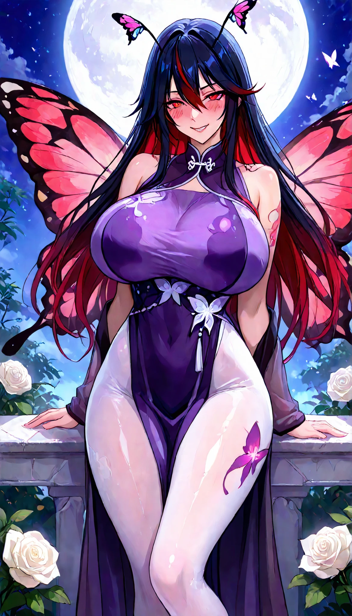 SOLO, A Butterfly Female ,Perfect body ,big oppai, Shiny skin, (multicolored hair, long hair), A pair of Butterfly antennae, purple insect eye,red slit pupils, A pairs of Butterfly wings, Wearing A Purple Vibrant Chinese Hanfu with Butterfly characteristics(Sleeveless Cheongsam type),White Silk pantyhose, In the White Rose Garden(Chinese classical garden), butterfly scale powder, Torogao, seductive smile, Outside, Midnight,Full moon, UHD, anatomically correct, masterpiece, textured skin, high details, highres, 1080P, 16k, accurate,Beautiful face, Perfect face, Highly detailed beautiful face and eyes, Attractive face, Detailed face, Delicate facial features, Detailed skin,Cowboy shot