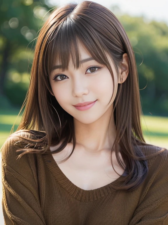 one girl, (a beauty girl, Delicate girl:1.3), (13 years old:1.3),
break, (Tree-lined avenue in autumn:1.2), (cardigan:1.2),
break, very fine resolution, (symmetrical eyes:1.3),
break, small breasts, brown eyes, parted bangs, brown hair,  girl,
break, (Eye and face details:1.0), (get closer to the face, zoom in on the face, face focus:1.0),
break, (masterpiece, highest quality, super detailed, detailed face, 8K)、From above、earrings、hair blowing in the wind、blush your cheeks、smile、white teeth、high angle、super realistic photos、Ginkgo leaves on my head
