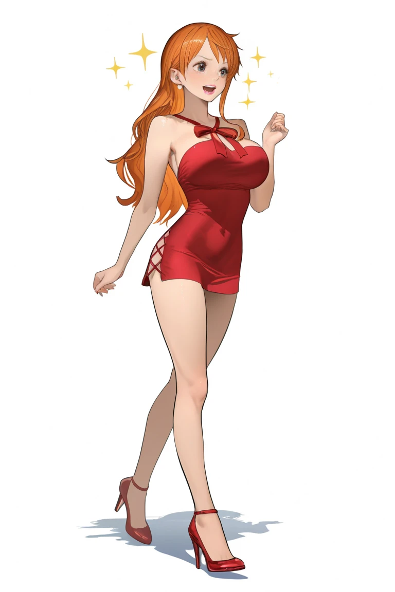 Cocktail dress, curvy athletic body, orange hair, brown eyes, body tight dress