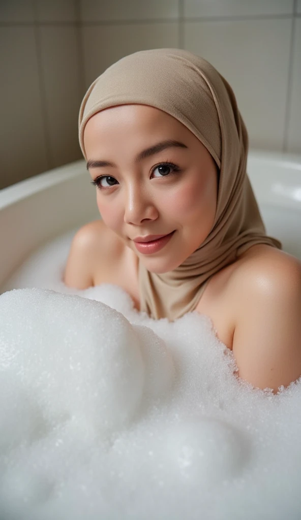 "A highly realistic, ultra-detailed portrait of a woman relaxing in a bubble bath, captured in the best settings of a SONY A7R with a fast prime lens (f/1.8). The scene features a minimalist bathroom with soft, natural lighting, emphasizing the subject's smooth skin, delicate facial features, and the dynamic texture of the foam. Hyper-detailed textures, cinematic lighting, and a sharp focus create an immersive depth. 32K resolution, photorealistic rendering, skin pores and water droplets visible, ultra-sharp image, professional photography style."
