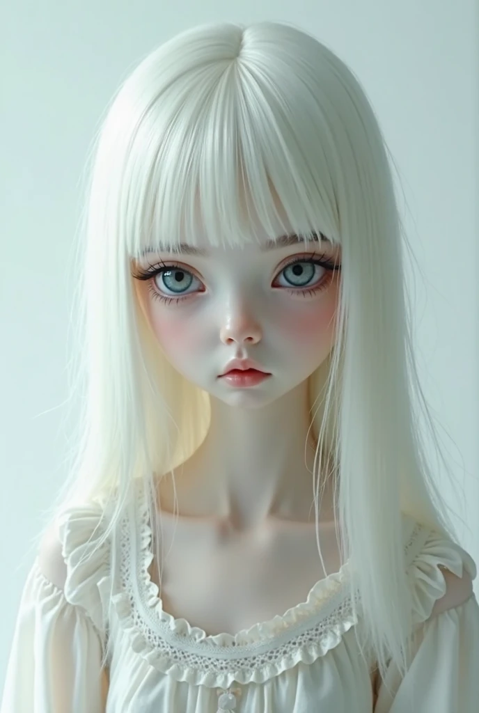 Young girl with very long and wavy white hair. Her face is as white as snow and she has an angular face. Her eyes are what stand out most about her, because they are a pure black that contrasts totally with the rest of her. Her gaze is creepy and her expression too, well it totally lacks emotion.