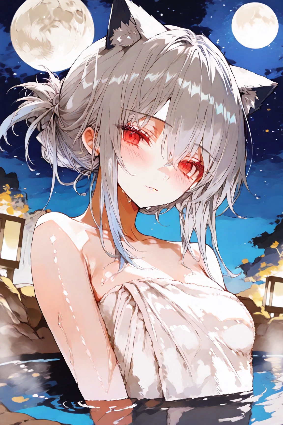 neferpitou, neferpitou, short hair, (red eyes:1.5), long sleeves, animal ears, tail, white hair, shorts, cat ears, cat tail, curly hair, (small breast:1.2), BREAK looking at viewer, BREAK outside, BREAK (masterpiece:1.2), best quality, high resolution, unity 8k wallpaper, (illustration:0.8), (beautiful detailed eyes:1.6), extremely detailed face, perfect lighting, extremely detailed CG, (perfect hands, perfect anatomy),city, night, wet road, reflections,upper body shot,lace bra,from above